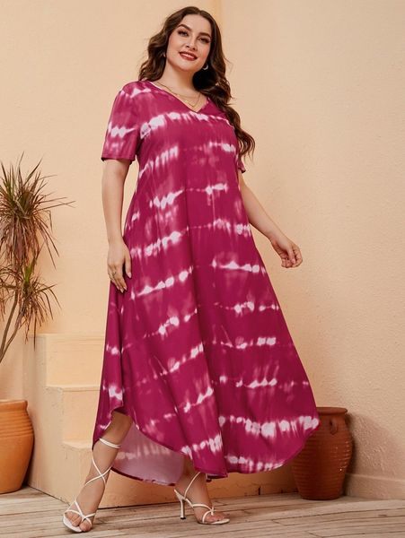 plus tie dye asymmetrical hem dress e09t#, Black