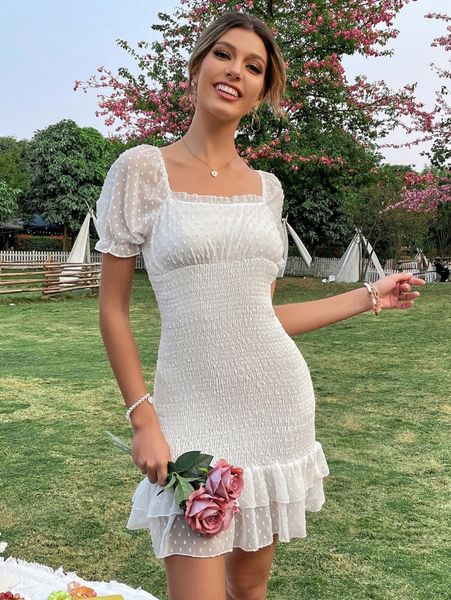 puff sleeve shirred swiss dot ruffle hem dress q3uz#, Black;gray
puff sleeve shirred swiss dot ruffle hem dress q3uz#, Black;gray