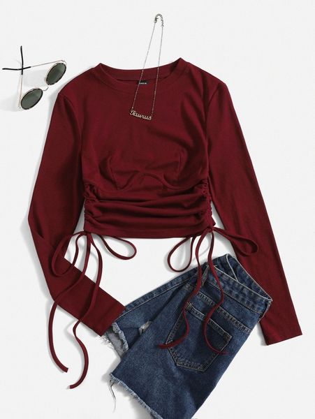 drawstring ruched rib knit crop tee d4ow#, White