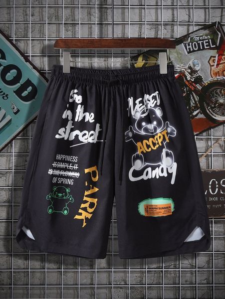 men letter cartoon graphic drawstring track shorts v3tq#, White;black 
men letter cartoon graphic drawstring track shorts v3tq#, White;black