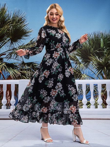 plus floral print flounce sleeve ruffle hem dress m5t1#, Black