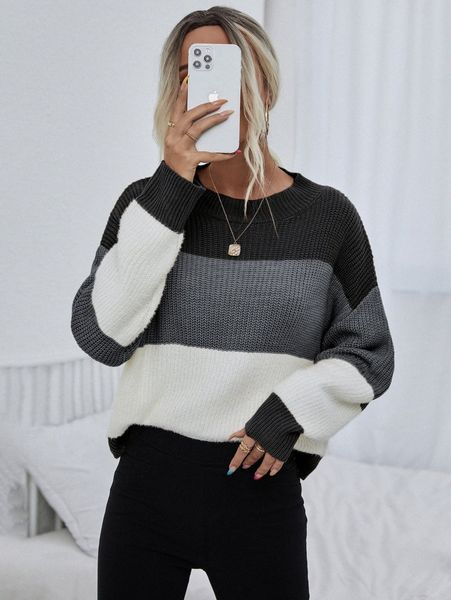 color block drop shoulder sweater w59c#, White;black