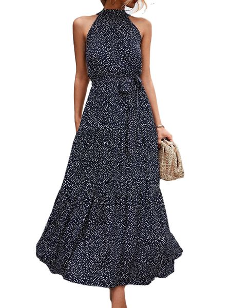 self tie polka dot maxi halter dress 64jr#, Black;gray