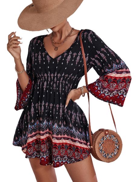 floral print trumpet sleeve romper j2jx#, Black;white