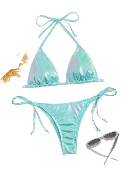 metallic halter triangle bikini swimsuit c8k2#, White;black