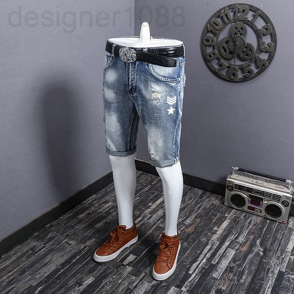 men's jeans designer summer light color perforated denim shorts men's fashion korean version versatile patch scraped summer brand, Blue
men's jeans designer summer light color perforated denim shorts men's fashion korean version versatile patch scraped summer brand, Blue