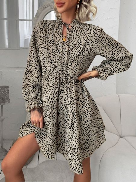dalmatian print tie neck flounce sleeve ruffle hem smock dress t6pc#, Black;gray
dalmatian print tie neck flounce sleeve ruffle hem smock dress t6pc#, Black;gray