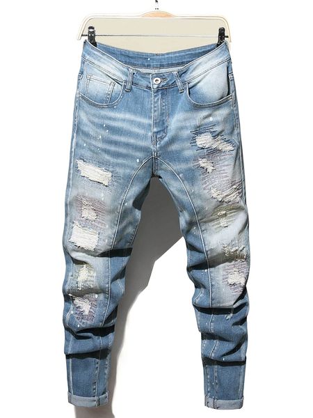men embroidered detail ripped moustache effect tapered jeans 80yj#, Blue 
men embroidered detail ripped moustache effect tapered jeans 80yj#, Blue