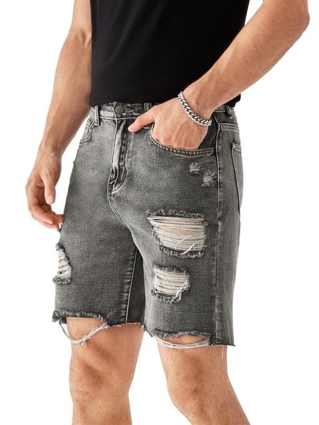 men ripped frayed hem denim shorts q08i#, White;black