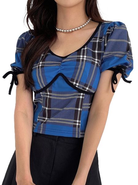 dazy plaid print ruched knot cuff puff sleeve contrast binding tee a3hw#, White
dazy plaid print ruched knot cuff puff sleeve contrast binding tee a3hw#, White