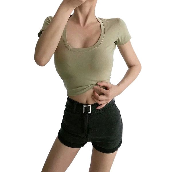 european and american women's summer high waist navel u-neck chest t-shirt short cotton short sleeve yoga tight bottoming g09u#, White
european and american women's summer high waist navel u-neck chest t-shirt short cotton short sleeve yoga tight bottoming g09u#, White