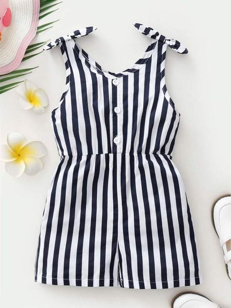 toddler girls striped fake button bow shoulder romper she, Blue 
toddler girls striped fake button bow shoulder romper she, Blue