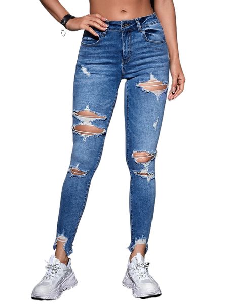 cut out ripped raw hem skinny jeans r0tp#, Blue