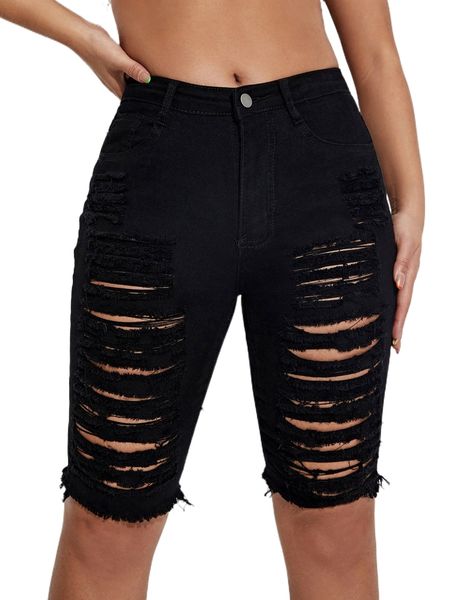 zipper fly ripped raw hem bermuda denim shorts 31mu#, White;black