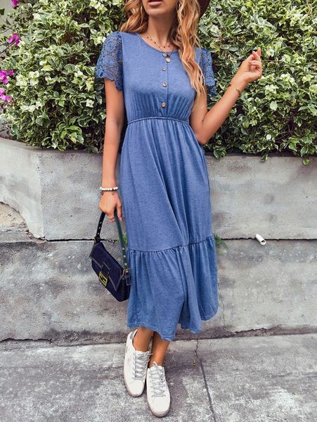 contrast guipure lace fake button ruffle hem dress d8em#, Black;gray 
contrast guipure lace fake button ruffle hem dress d8em#, Black;gray