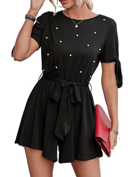 pearls beaded split sleeve belted jumpsuit 925u#, Black;white 
pearls beaded split sleeve belted jumpsuit 925u#, Black;white