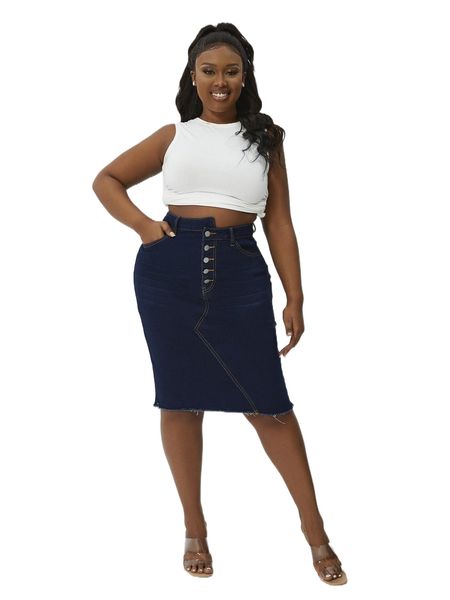 plus asymmetrical waist raw cut bodycon denim skirt h5ea#, Black