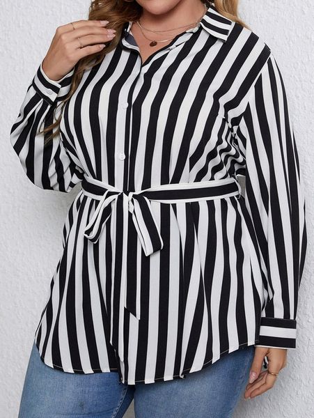 plus striped button front belted blouse 20o9#, Black