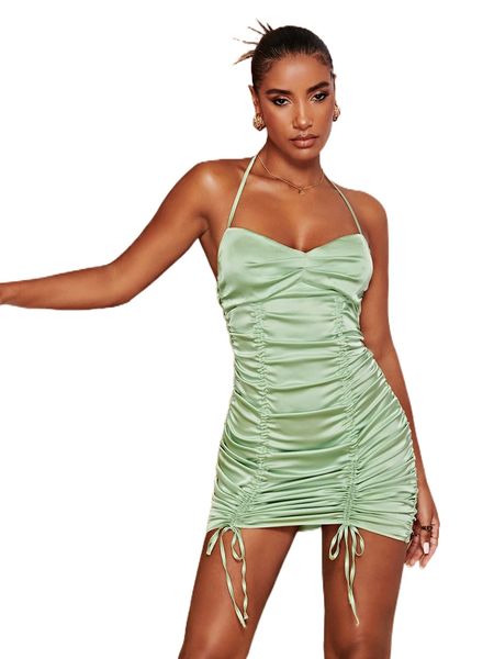 drawstring ruched halter dress f41p#, Black;gray 
drawstring ruched halter dress f41p#, Black;gray