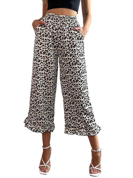 leopard print slant pocket ruffle hem pants s37u#, Black;white
leopard print slant pocket ruffle hem pants s37u#, Black;white
