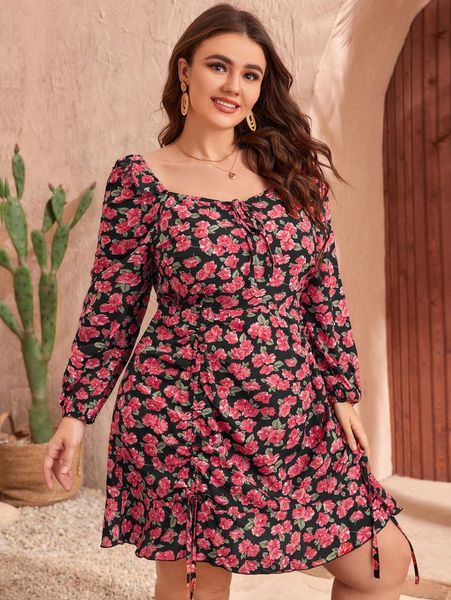 plus floral print knot front drawstring dress s8th#, Black 
plus floral print knot front drawstring dress s8th#, Black
