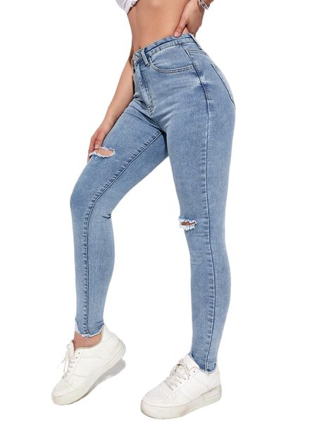 ripped raw trim skinny jeans i2oo#, Blue
