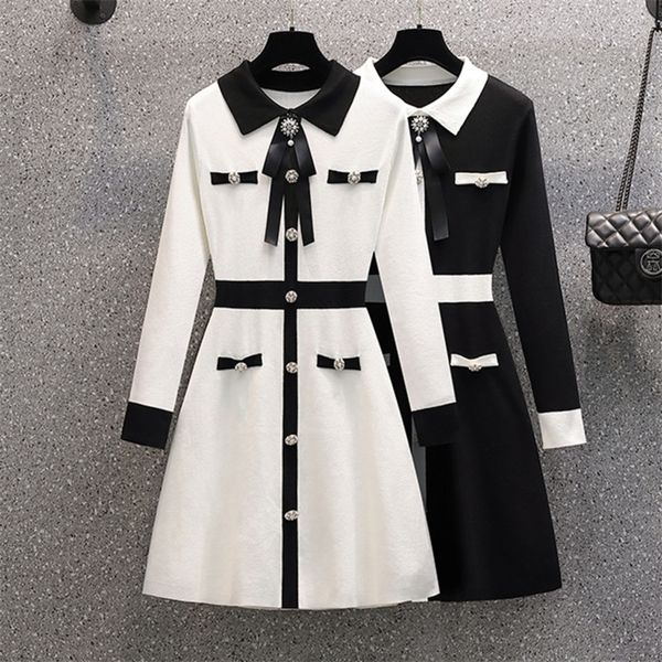 small fragrance fall winter knitted sweater dres bow tie buttons vintage party mini dress elegant casual chic robe femme 220317, Black;gray
small fragrance fall winter knitted sweater dres bow tie buttons vintage party mini dress elegant casual chic robe femme 220317, Black;gray