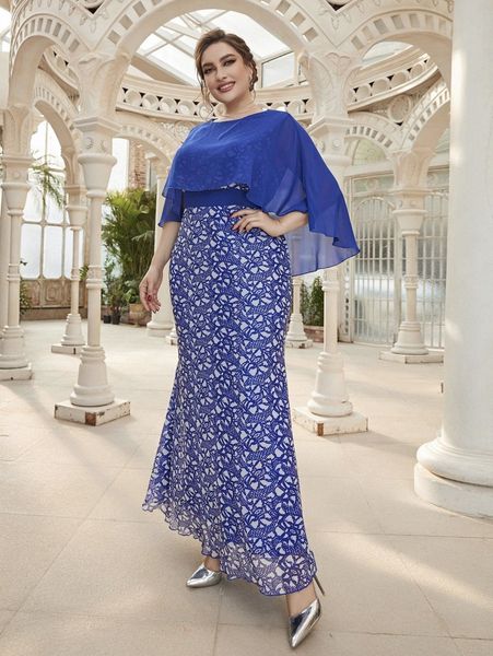 plus allover print cape sleeve mermaid hem formal dress 14d6#, Black