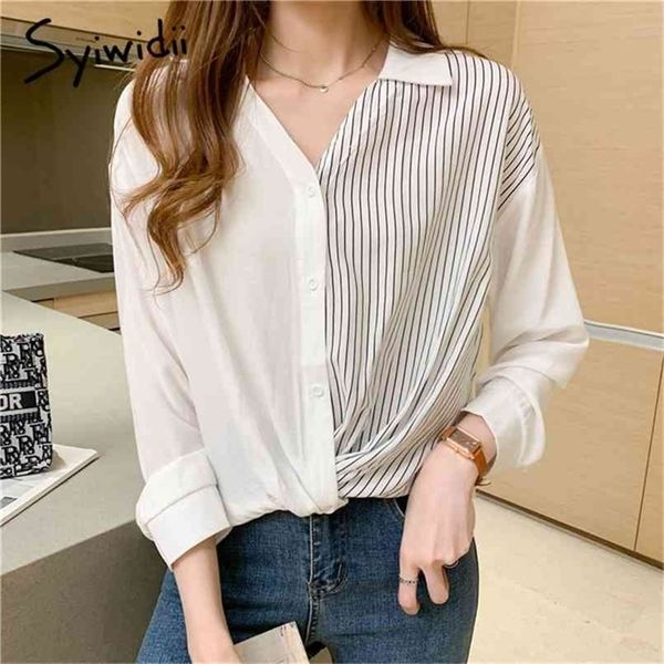 women blouses striped patchwork v neck office lady elegant casual female korean fashion clothing white 210607
women blouses striped patchwork v neck office lady elegant casual female korean fashion clothing white 210607
