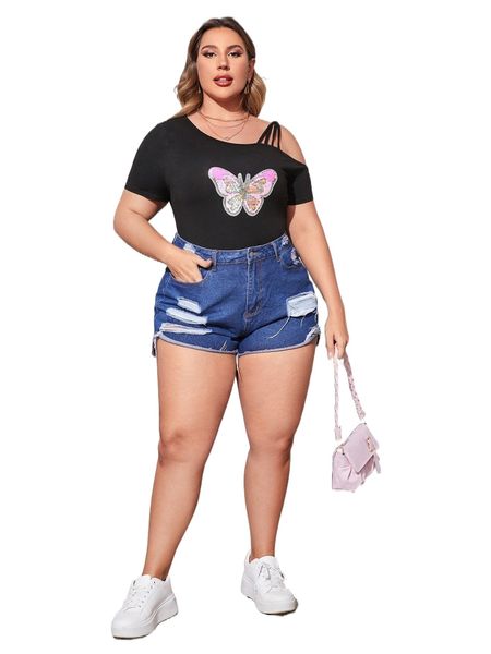 plus butterfly pattern sequin insert asymmetrical neck tee z68g#, Black