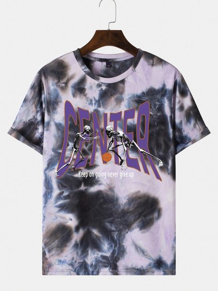 men tie dye skeleton & slogan graphic tee h9ot#, White;black 
men tie dye skeleton & slogan graphic tee h9ot#, White;black