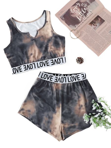notched neck letter tape tie dye crop tank & shorts m7qm#, Black;red