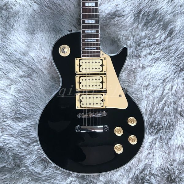 three pickups electric guitar with pickguard black color mahogany wood body rose wood fingerboard
three pickups electric guitar with pickguard black color mahogany wood body rose wood fingerboard