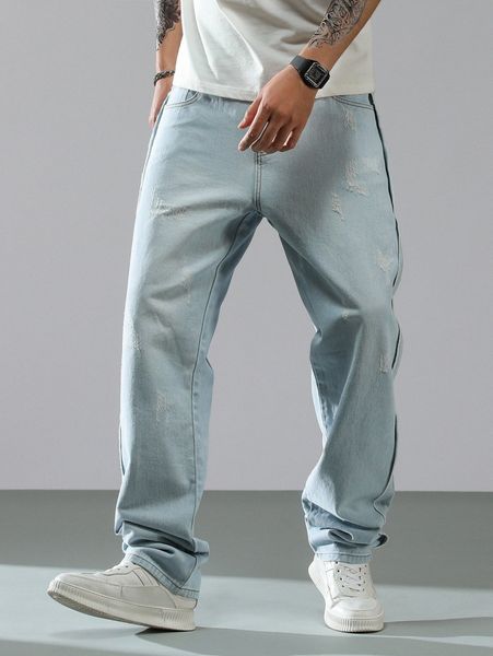 men light wash cat scratch straight leg jeans o8ly#, Blue