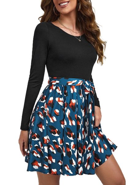 graphic print belted a-line dress v4bb#, Black;gray