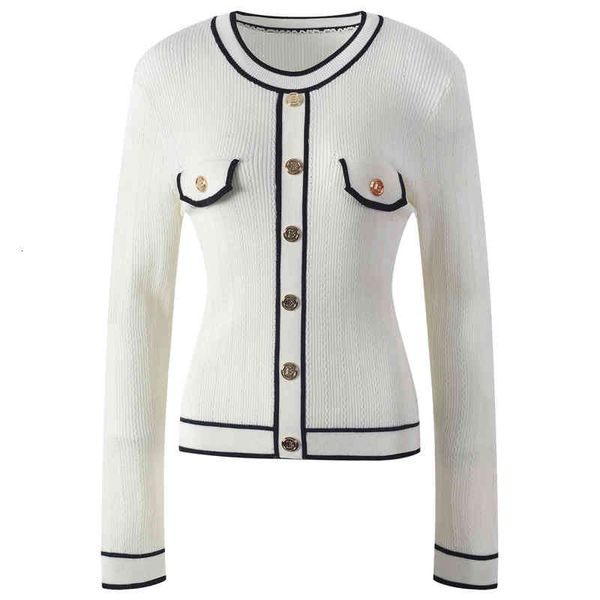 women's knits tees round neck color contrast edge gold button single breasted women's dress slim fit waist temperament sweater aut, White
women's knits tees round neck color contrast edge gold button single breasted women's dress slim fit waist temperament sweater aut, White