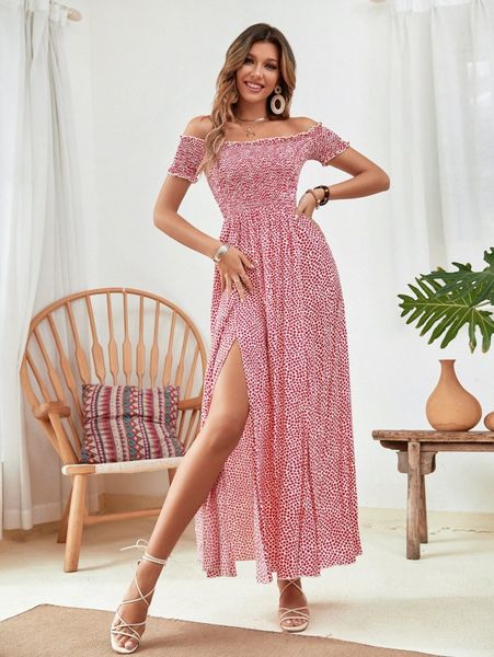 ditsy floral off shoulder shirred bodice split thigh dress b2oq#, Black;gray