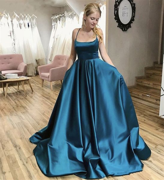 spaghetti straps long evening dresses with pockets sweep train lace-up back satin formal prom party gowns, Black;red
spaghetti straps long evening dresses with pockets sweep train lace-up back satin formal prom party gowns, Black;red