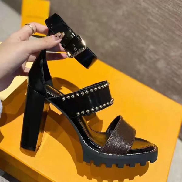 women leather sandals star trail designer lady ankle strap studs buckle letter printed chunky heel treaded rubber outsole sandal, Black
women leather sandals star trail designer lady ankle strap studs buckle letter printed chunky heel treaded rubber outsole sandal, Black