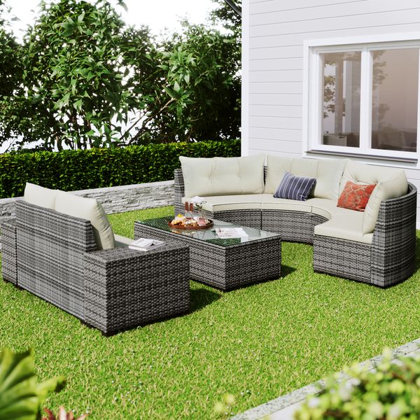 outdoor wicker round sofa set half moon combination all weather pe rattan waterproof uv resistant removable cushion
outdoor wicker round sofa set half moon combination all weather pe rattan waterproof uv resistant removable cushion