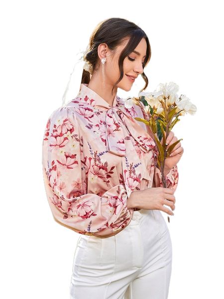 tie neck floral print bishop sleeve h5lt#, White 
tie neck floral print bishop sleeve h5lt#, White