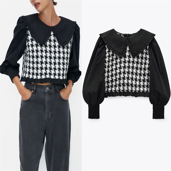 za women patchwork tweed crop blouse female long puff sleeve peter pan collar vintage shirts woman ruffle black short 210401, White
za women patchwork tweed crop blouse female long puff sleeve peter pan collar vintage shirts woman ruffle black short 210401, White