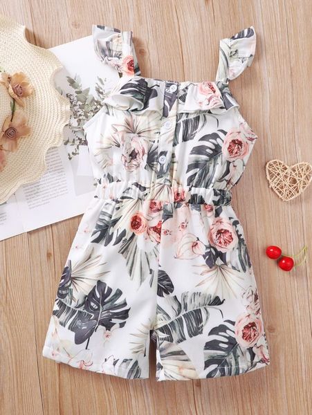 toddler girls tropical print ruffle trim cami romper she, Blue 
toddler girls tropical print ruffle trim cami romper she, Blue