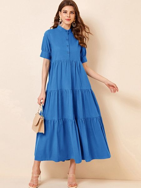 stand collar button up smock dress p9fe#, Black;gray