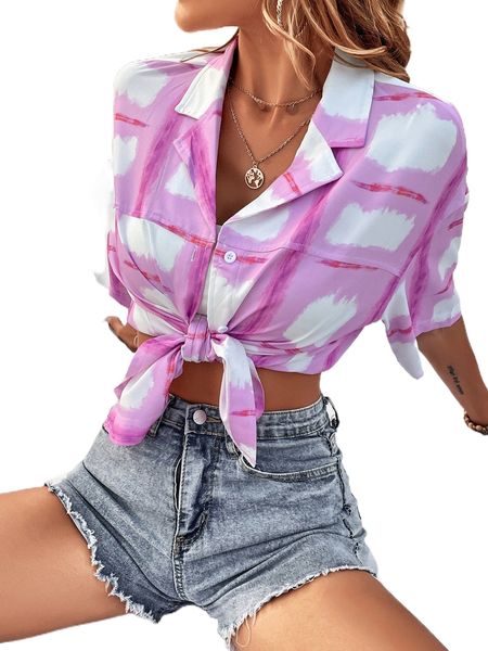 brush print lapel neck button front blouse k50g#, White