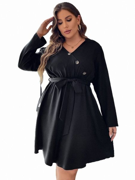 plus button detail belted dress e9kt#, Black
plus button detail belted dress e9kt#, Black