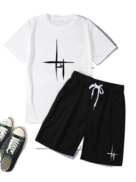 men graphic print tee & drawstring waist shorts 47c0#, Gray
men graphic print tee & drawstring waist shorts 47c0#, Gray