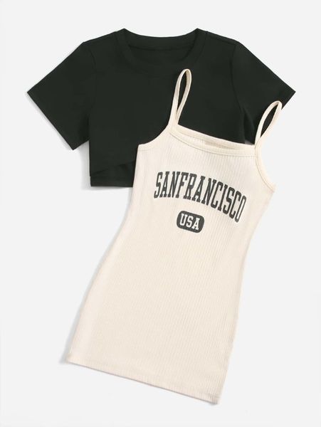 toddler girls high low hem tee & letter graphic cami dress she, White