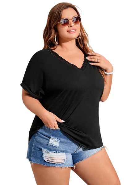 plus lace trim batwing sleeve tee s1rz#, Black