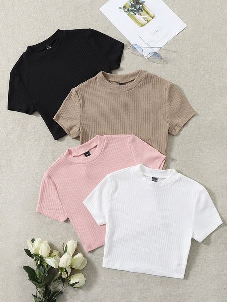 4pcs solid ribbed knit tee a1t4#, White